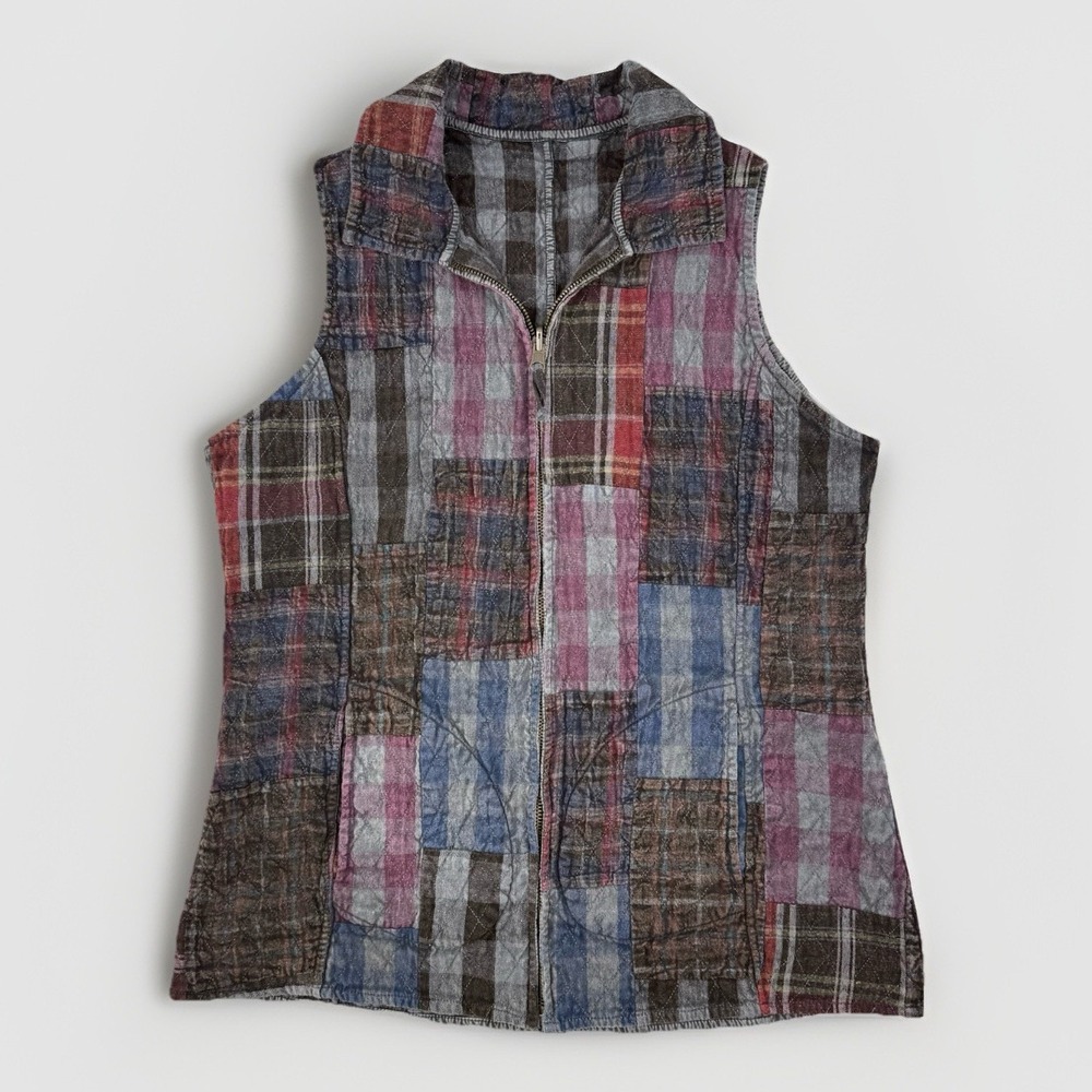 Patchwork‎ Quilted Vest Boho Cottagecore Folk Art Plaid Reversible M
